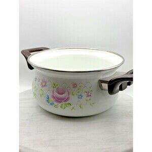 Vintage Sanko Ware Enamel Casserole Saucepan Pink Rose Floral Japan 7.5" No Lid